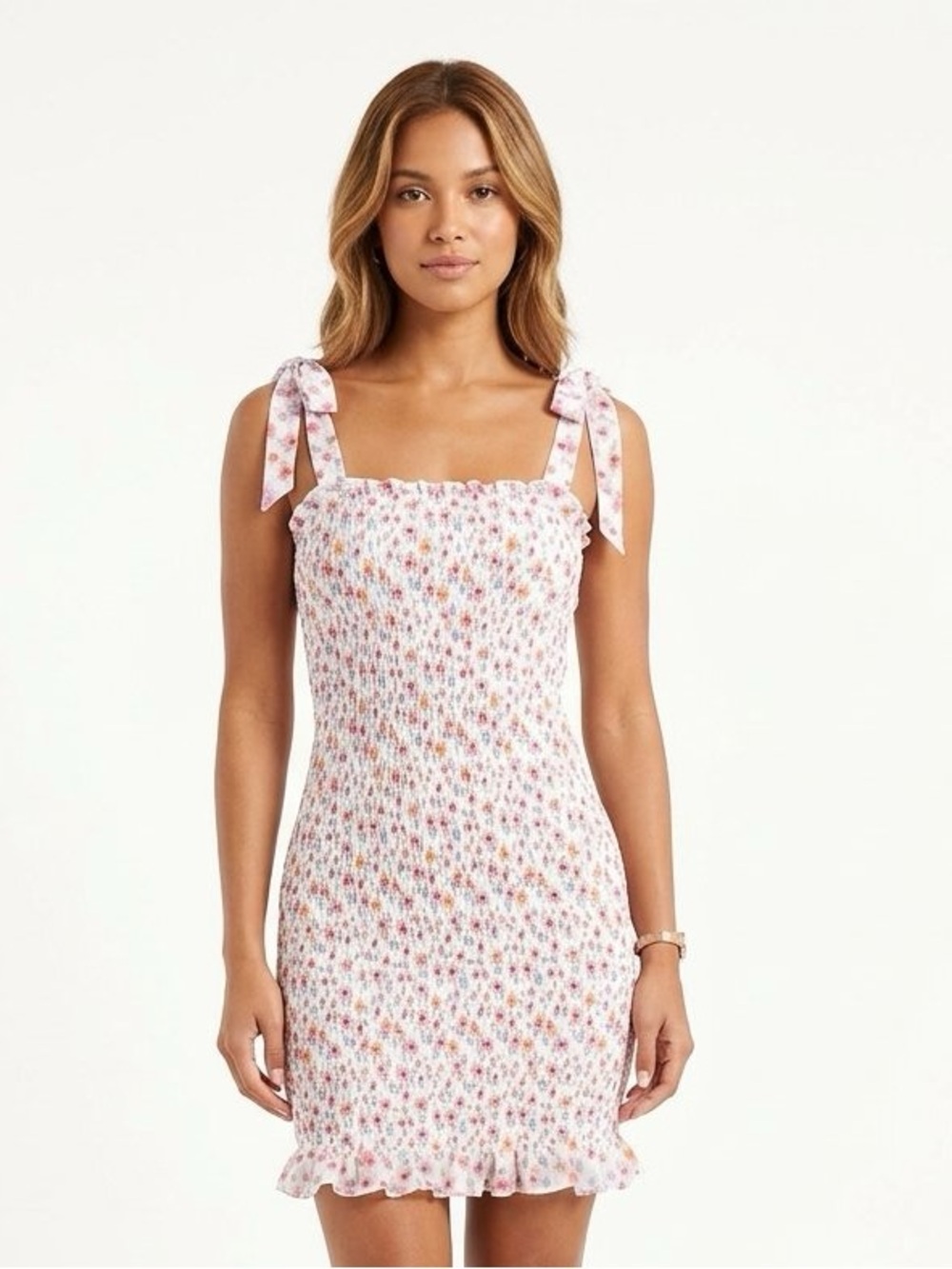 Japna White Floral Smocked Tie-Shoulder Midi Dress